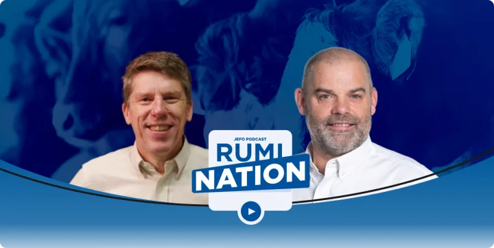 Two animal nutrition experts featured in Rumination podcast, episode 6 season 3, on blue background with Jefo logo.