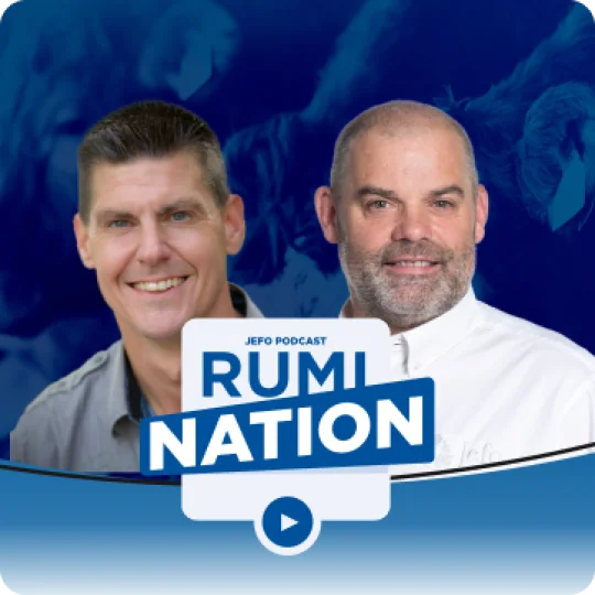 Two animal nutrition experts featured in Jefo’s Rumination podcast, episode 4 season 3, with blue background and logo.
