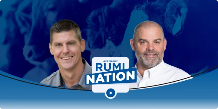 Two animal nutrition experts featured in Jefo’s Rumination podcast, episode 4 season 3, with blue background and logo.