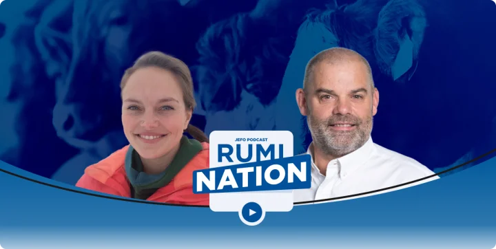 A guest expert and host of Jefo’s Rumination podcast discuss animal nutrition, episode 5 season 3, with blue backdrop and logo.