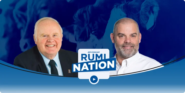 Animal nutrition experts on Jefo’s Rumination podcast – season 3, episode 2, with branded logo and blue background.
