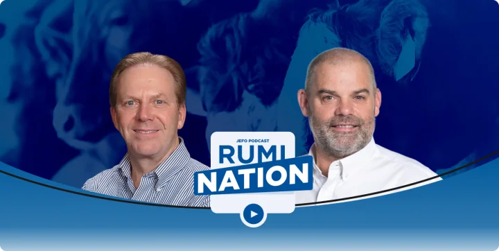 Guests of Jefo’s Rumination podcast, episode 3 season 3, discussing animal nutrition, with blue background and logo.