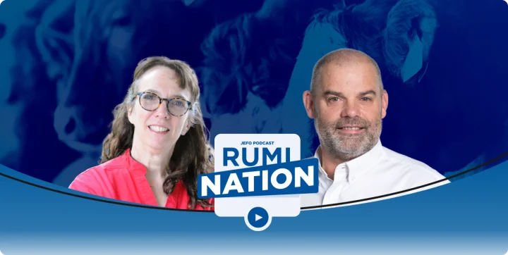Two animal nutrition experts on Jefo’s Rumination podcast – season 3, episode 1, with logo and professional blue background.