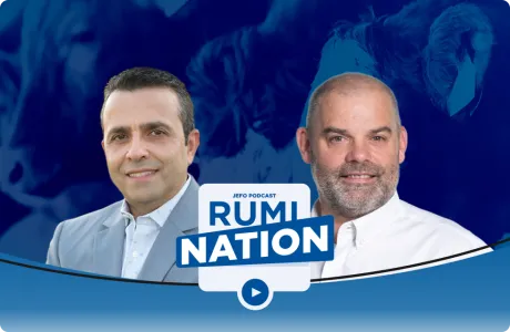 Two Jefo animal nutrition experts in episode 10, season 3 of the Rumination podcast, with a blue-toned dairy cattle background.