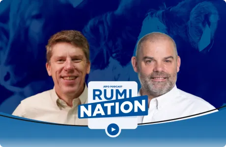 Two animal nutrition experts featured in Rumination podcast, episode 6 season 3, on blue background with Jefo logo.