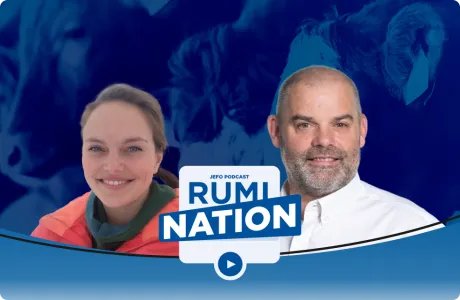 A guest expert and host of Jefo’s Rumination podcast discuss animal nutrition, episode 5 season 3, with blue backdrop and logo.