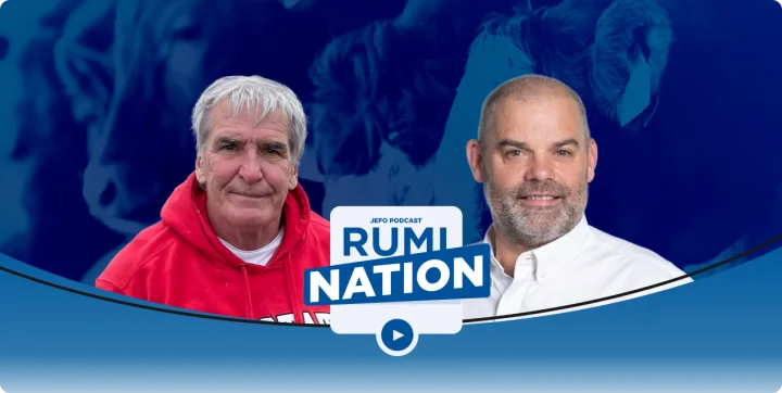 Two animal nutrition experts in episode 7, season 4 of the Rumination podcast, with a blue cattle-themed background.