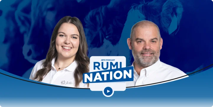 Two speakers from episode 8 – season 4 of the Rumination podcast, experts in animal nutrition at Jefo.