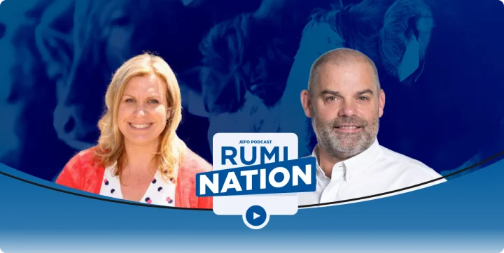 Two animal nutrition experts in episode 5, season 4 of the Rumination podcast, with blue cattle-themed background.
