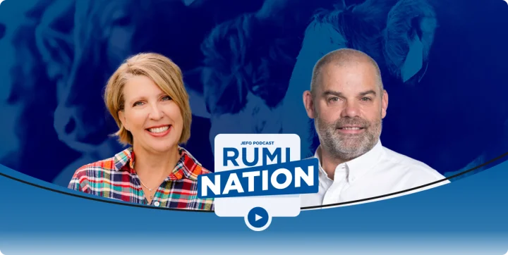 Two animal nutrition experts in episode 6, season 4 of the Rumination podcast, with a blue cattle-themed background.