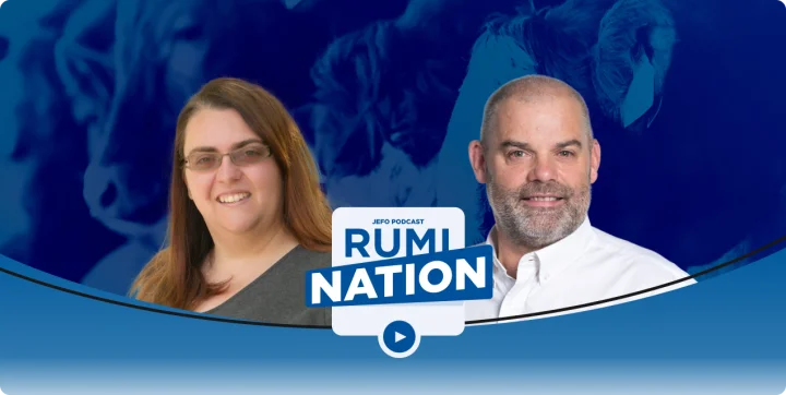Two animal nutrition experts in episode 1, season 4 of the Rumination podcast, with a blue ruminant-themed background.