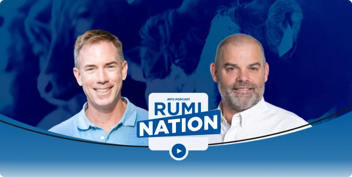 Two animal nutrition experts in episode 2, season 4 of the Rumination podcast, with cattle-themed visuals in the background.