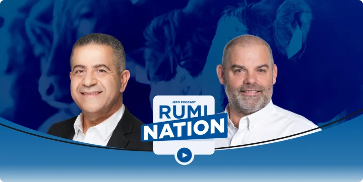 Two animal nutrition experts in episode 4, season 4 of the Rumination podcast, with stylized cattle in the background.