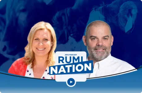 Two animal nutrition experts in episode 5, season 4 of the Rumination podcast, with blue cattle-themed background.