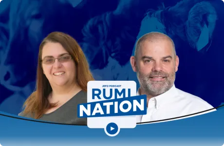Two animal nutrition experts in episode 1, season 4 of the Rumination podcast, with a blue ruminant-themed background.
