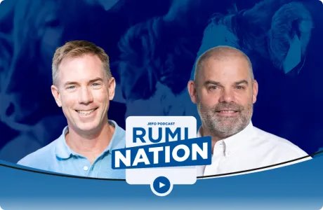 Two animal nutrition experts in episode 2, season 4 of the Rumination podcast, with cattle-themed visuals in the background.