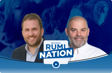 Two animal nutrition experts in episode 3, season 4 of the Rumination podcast, with stylized cattle in the background.