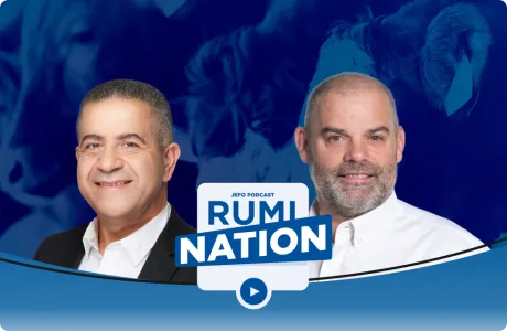 Two animal nutrition experts in episode 4, season 4 of the Rumination podcast, with stylized cattle in the background.