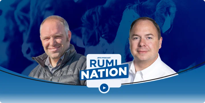 Portrait of a guest and a host of the Rumination podcast – episode 10, season 5 on animal nutrition by Jefo.