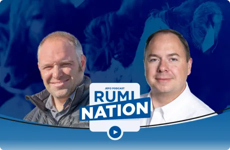 Portrait of a guest and a host of the Rumination podcast – episode 10, season 5 on animal nutrition by Jefo.