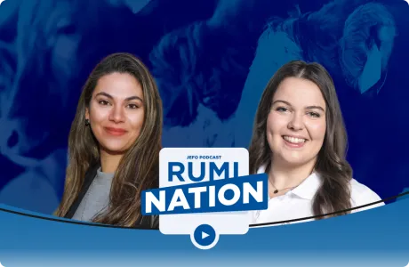 Portrait of two female animal nutrition experts in episode 8 – season 5 of Jefo’s Rumination podcast.