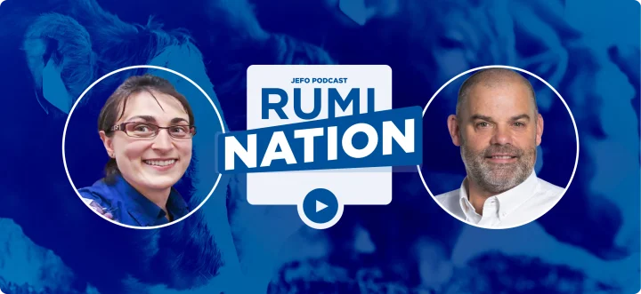 Portraits of two animal nutrition experts from Rumination S6E3, with dairy cows feeding in the background.