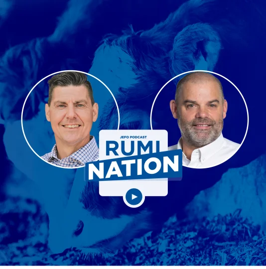 Two experts discuss animal nutrition in episode 2 of Rumination podcast, season 6, with a dairy herd background.