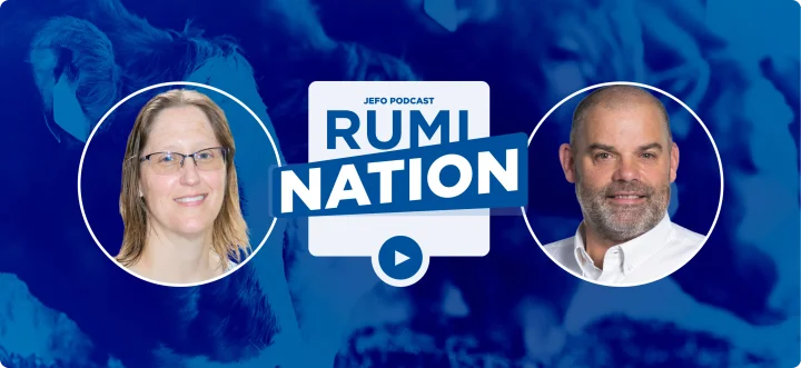 Two animal nutrition experts featured in Rumination S6E4, with calves feeding in the background.