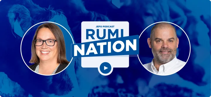 Headshots of two animal nutrition experts with Jefo’s RumiNation podcast logo in the background.