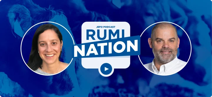 Headshots of two animal nutrition experts with Jefo’s RumiNation podcast logo in the background.