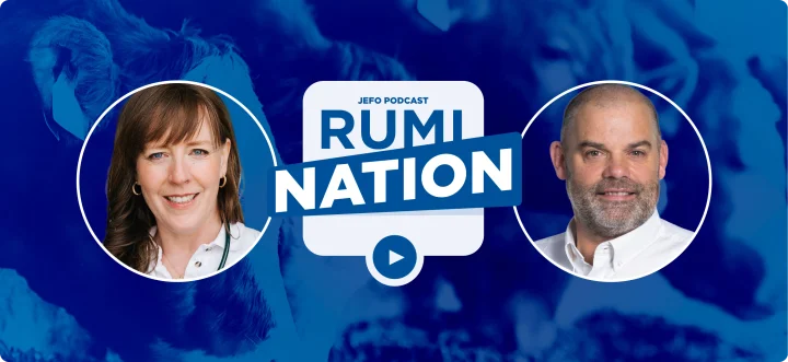 Portraits de deux experts en nutrition animale avec le logo du podcast RumiNation de Jefo en arrière-plan.