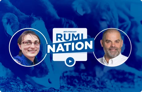Portraits of two animal nutrition experts from Rumination S6E3, with dairy cows feeding in the background.