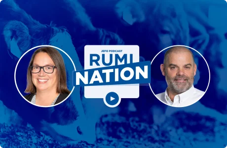 Headshots of two animal nutrition experts with Jefo’s RumiNation podcast logo in the background.