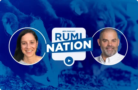 Headshots of two animal nutrition experts with Jefo’s RumiNation podcast logo in the background.