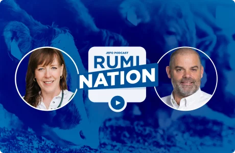 Portraits de deux experts en nutrition animale avec le logo du podcast RumiNation de Jefo en arrière-plan.
