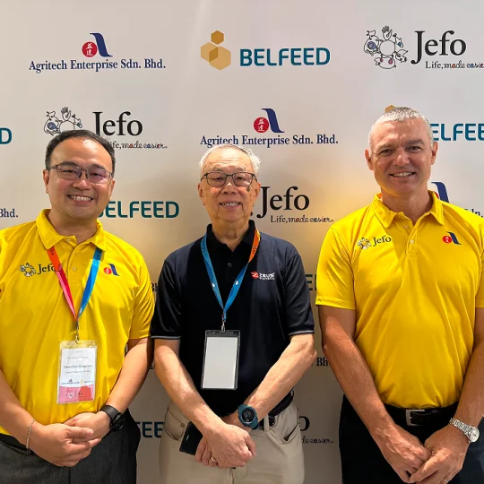 Jefo and Belfeed partners at a poultry nutrition launch event in Southeast Asia.