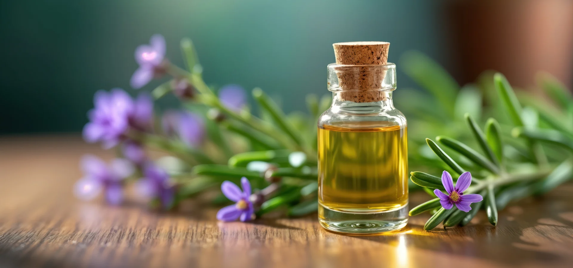 Rosemary essential oil bottle with purple flowers, illustrating plant extracts in animal nutrition technologies.