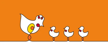 Stylized continuous line illustration of a hen leading three chicks, on an orange background, symbolizing poultry farming, agriculture, and animal nutrition.