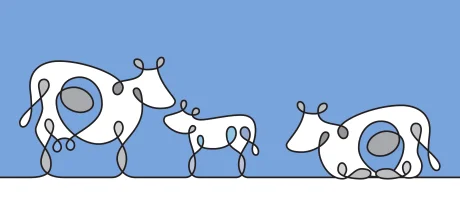 Stylized continuous line illustration of a dairy cow with a cattle, on a blue background, symbolizing dairy farming, agriculture, and animal nutrition.