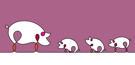 Illustration stylisée en ligne continue d’un porc avec un porcelet, sur un fond rose, symbolisant l’élevage porcin, l’agriculture et la nutrition animale.