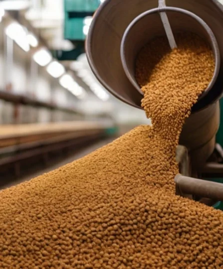 Granulés alimentaires pour volaille déversés en usine, illustrant la fabrication de solutions nutritionnelles de qualité.
