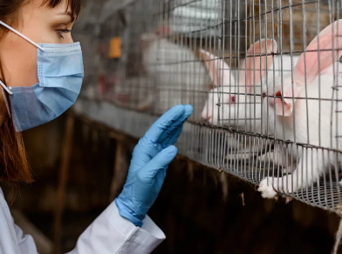Professional in lab coat inspects a caged rabbit, highlighting health and nutrition monitoring in rabbit farming.