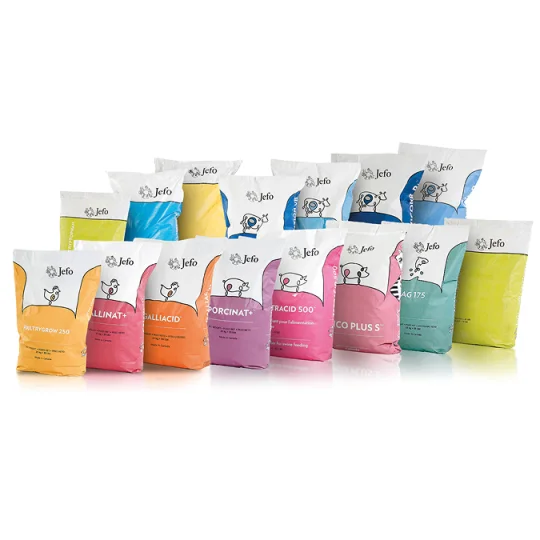 Bags of some of Jefo's products aligned in rows.