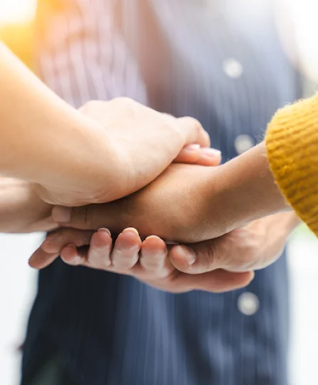 Three hands joined in unity, reflecting human collaboration at the heart of sustainable animal nutrition.