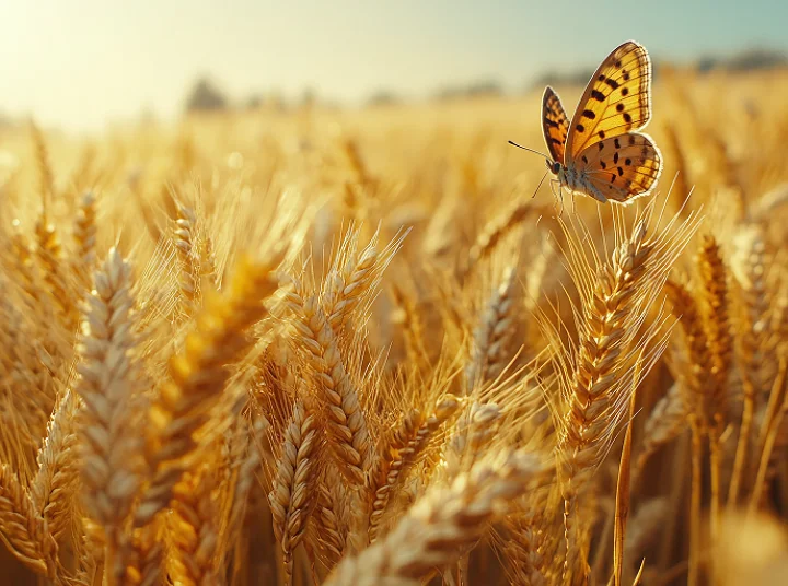 Butterfly on golden wheat, symbolizing the balance between sustainable agriculture and responsible animal nutrition.