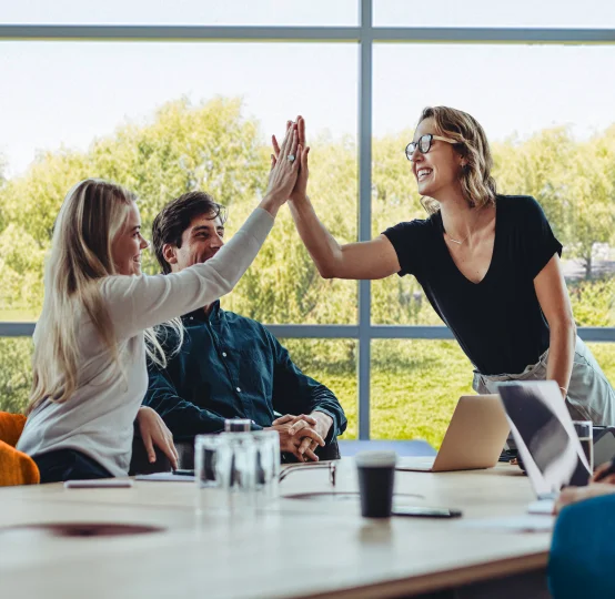 Smiling team high-fiving in a meeting, reflecting a supportive and inclusive workplace culture in animal nutrition.