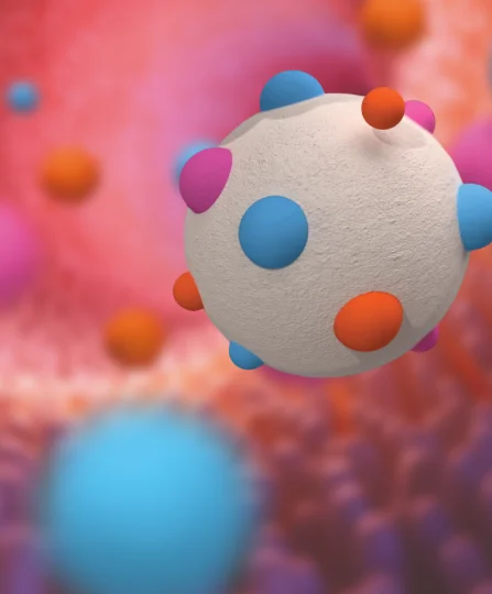 3D illustration of a Jefo nutritional microcapsule for animal nutrition, floating over an intestinal wall background.