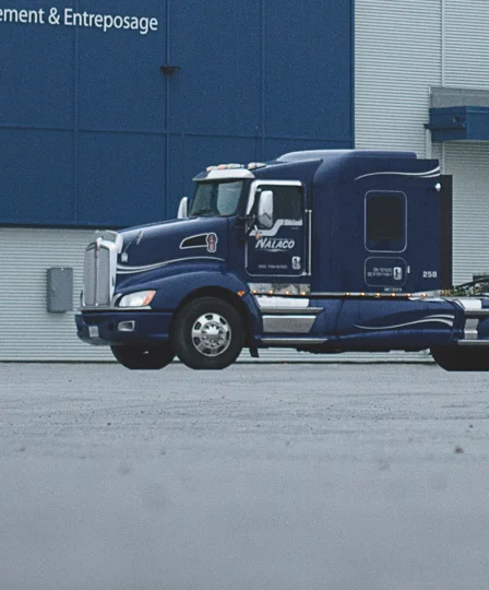 Nalaco transport truck parked in front of Jefo’s logistics center, supporting animal nutrition ingredients services.