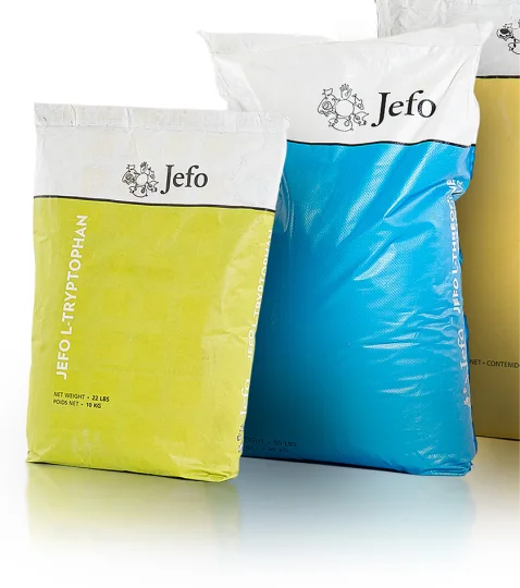 Jefo L-Tryptophan and L-Threonine ingredient bags for animal nutrition, displayed on a white background.