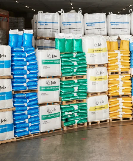 Jefo ingredient bags (choline, lysine, threonine) stacked on pallets in an animal nutrition warehouse.